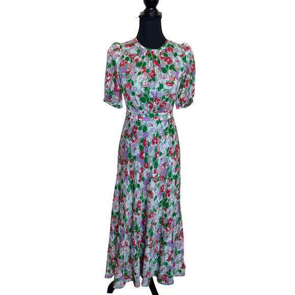 L.K. Bennett Green Floral Silk Midi Dress SIZE 12 Satin Romantic Designer $825 - Picture 7 of 10